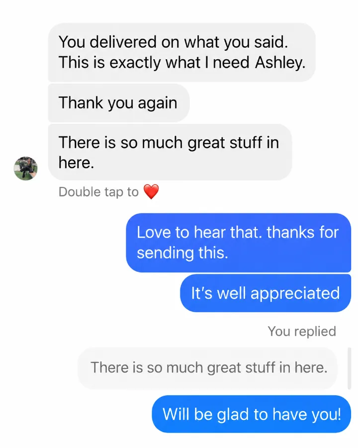 Client message thanking Ashley and saying the work delivered exactly what they needed