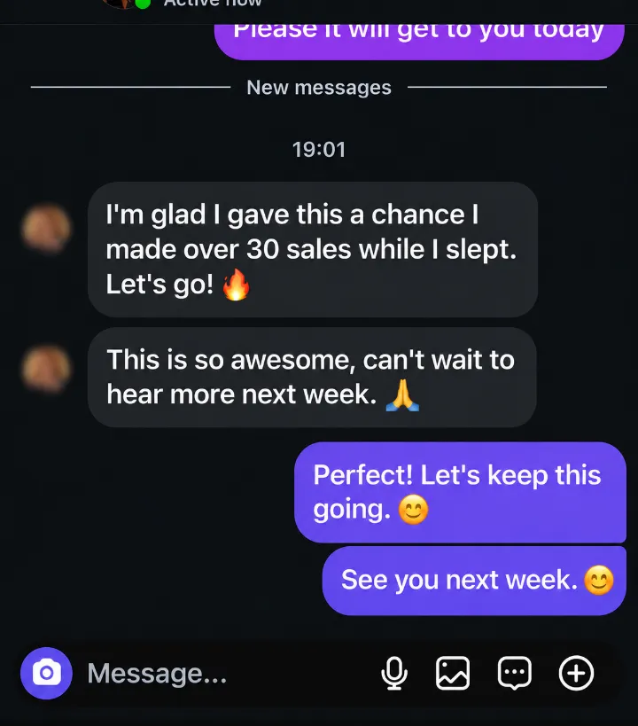 Client message saying they made over 30 sales while they slept